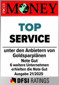 FOCUS MONEY / DFSI: Top Service unter den Anbietern von Goldsparplänen, Note Gut (Ausgabe 21/2025)
