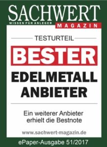 Sachwert Magazin Testurteil: Bester Edelmetall-Anbieter (ePaper-Ausgabe 51/2017)
